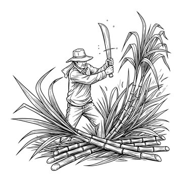 Farmer harvesting sugarcane in field with machete, hand-drawn illustration for agriculture and rural lifestyle