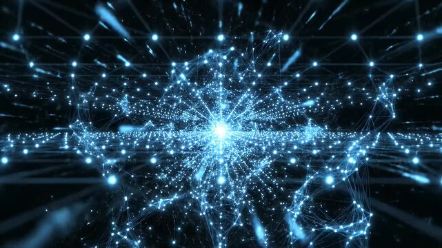 Abstract Blue Glowing Network on Black Background - A captivating abstract video depicting a network of interconnected blue nodes and lines, glowing against a dark background.