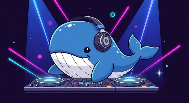 A cartoon whale, wearing headphones, DJs at a console with swirling neon lights in the background. Colorful design