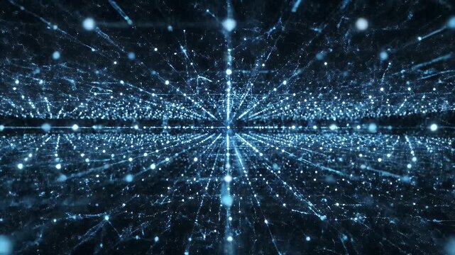 Abstract Blue Network of Glowing Nodes - An abstract network of connected glowing blue nodes and lines stretches into the distance with a central bright point.