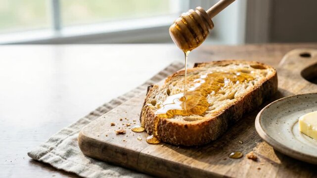 Honey bread toast drizzle breakfast on wooden board by window light, quiet luxury daily routine with butter and honey dripping over toast