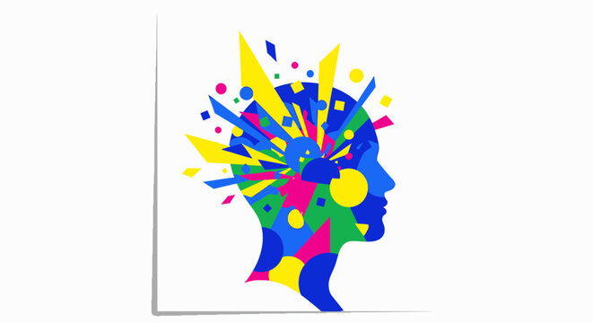 Vibrant colorful human head profile with abstract creative thoughts exploding from brain