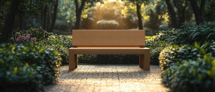 Empty wooden bench on sunlit paved path in a peaceful garden surrounded by trimmed hedges, trees and pink flowers at golden hour