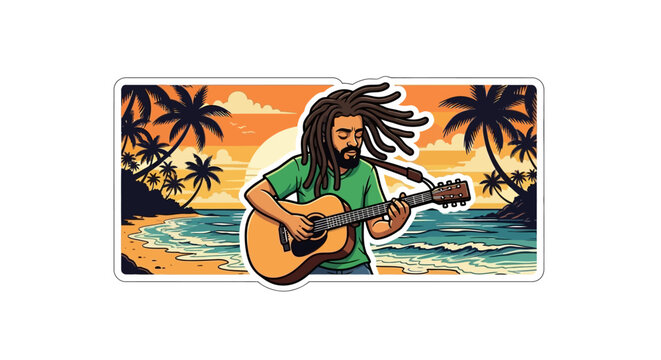 Man with dreadlocks playing acoustic guitar on a tropical beach at sunset sticker illustration