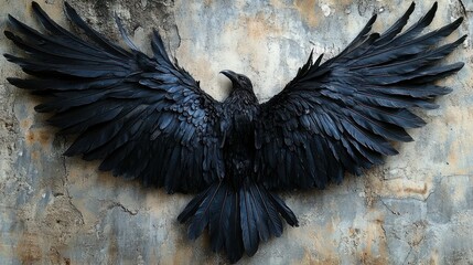 Fototapeta premium majestic black raven with outstretched layered feathers mounted as a winged sculpture on a weathered concrete wall, dramatic mysterious and powerful