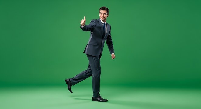 Full length portrait of a happy confident businessman in a sharp dark suit walking forward and giving a thumbs up gesture signifying success and a positive attitude against a solid green