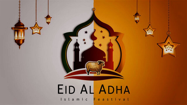 Festive Eid al Adha Illustration with Crescent Moon and Goat