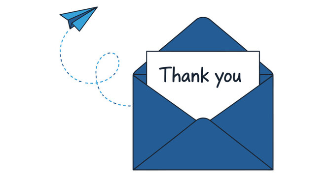 Blue envelope with thank you note and paper airplane in flight