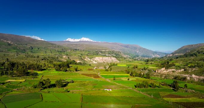 Aerial view pulls back over farmland near Chivay in Colca Canyon Peru.