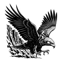 Fototapeta premium Majestic bald eagle in dynamic flight with outstretched wings, black and white sketch illustration