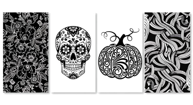 Day of the dead sugar skull and pumpkin illustrations with floral patterns on white background