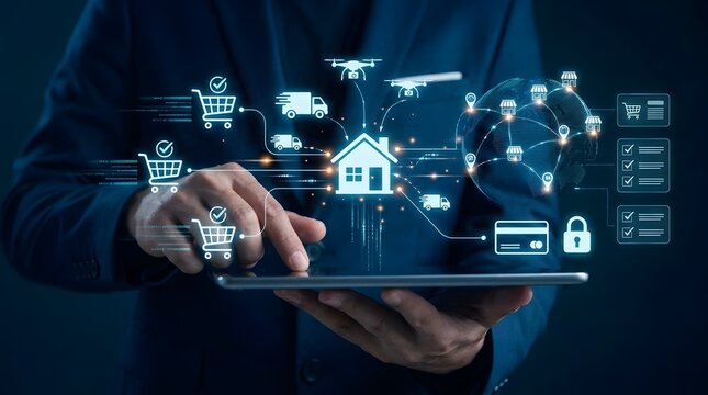 Modern digital marketplace concept showing global consumer retail shopping with electronic commerce application web interface providing international product delivery and online shipping service.