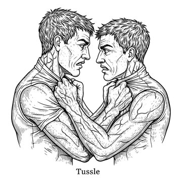 Two men in t-shirts wrestling in dynamic black and white sketch style illustration