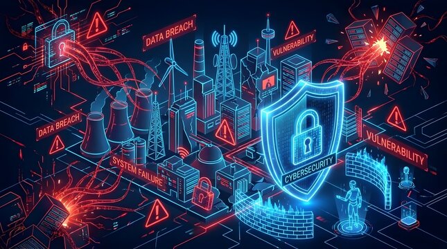Abstract visualization of critical cyberattacks threatening modern infrastructure with digital data breaches and system failures highlighting the urgent necessity for advanced cybersecurity.