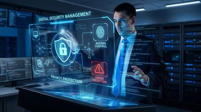 Sophisticated cybersecurity expert manages encrypted data security systems using advanced network control interfaces for proactive threat detection and digital privacy protection management.