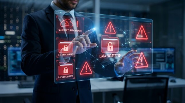 Cybersecurity expert analyzing real-time threat intelligence on interactive holographic interface featuring encrypted cloud alerts digital protection and firewall monitoring for privacy safety.