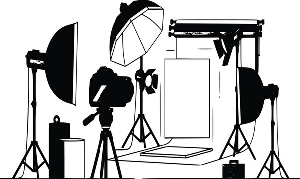 Professional photography studio equipment set with camera tripod softbox and backdrop vector illustration in flat style