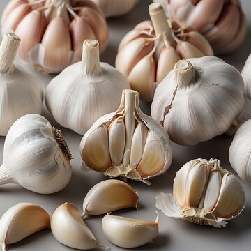 A close-up of several bulbs of garlic