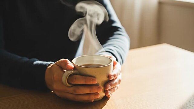 Person holding steaming coffee mug on wooden table, bathed in morning sunlight