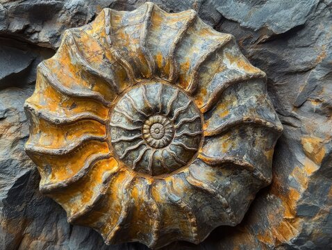 weathered spiral ammonite fossil embedded in gray rock with orange mineral staining, textured ridges and ancient spiral pattern evoking curiosity and wonder