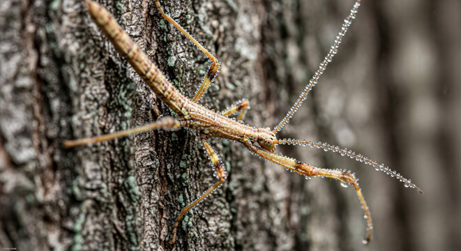 Dewdrop Stick Insect Blending on Lichen-Speckled Tree Bark