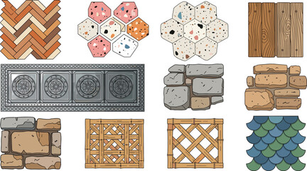 Floor and Wall Texture Vector Icon Set with Herringbone, Terrazzo, Wood, Stone, Brick, Metal Tile, Lattice, and Fish Scale Patterns for Interior and Architecture Design © IyaeasirArafat