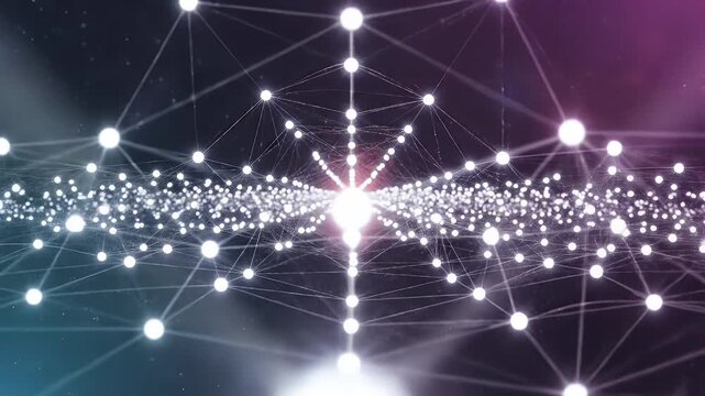 Abstract Network of Glowing Nodes - The video showcases an intricate network of glowing white nodes intricately connected by thin lines.