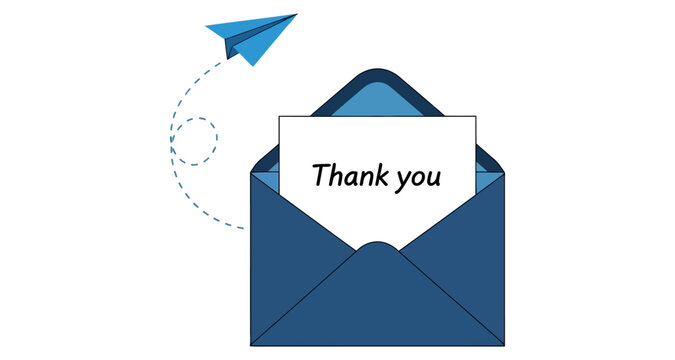 Paper airplane sending a thank you note from a blue envelope during a clear day