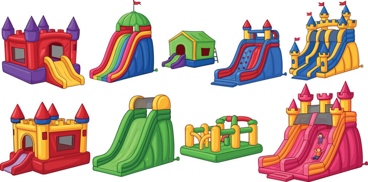 Collection of colorful inflatable bounce houses and slides for kids playground party amusement park fun vector illustration set