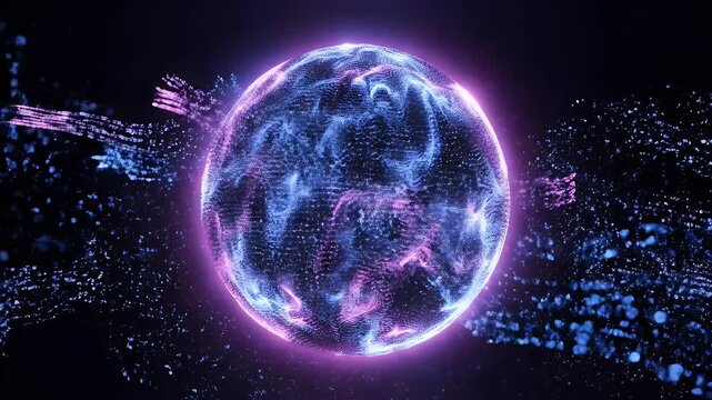 Abstract Quantum Energy Sphere - An abstract sphere pulses with blue and magenta energy on a black background. The sphere glows brightly as particles emanate from its core.