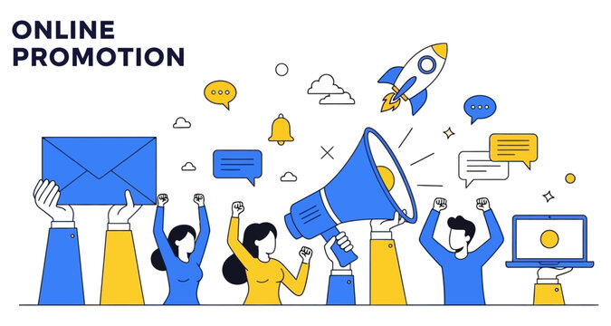 People celebrating online promotion with megaphone and rocket launching