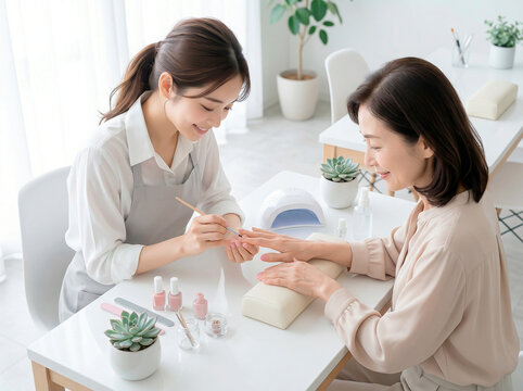 ネイルサロンで施術を受ける女性とネイリスト