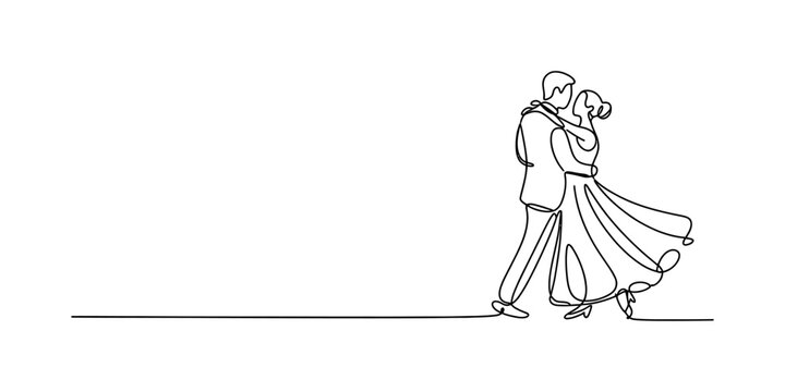 A beautiful continuous line drawing of a bride and groom dancing together in an elegant pose, capturing the romantic essence of a wedding celebration with simple, fluid strokes on a clean white backgr