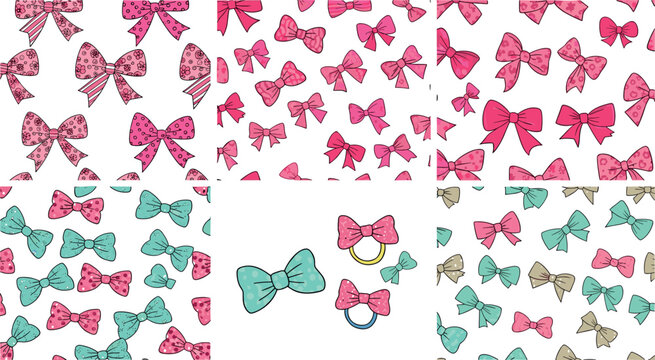 Cute colorful bow pattern set with polka dot ribbons decorative seamless backgrounds for fashion, kids design, and wrapping paper