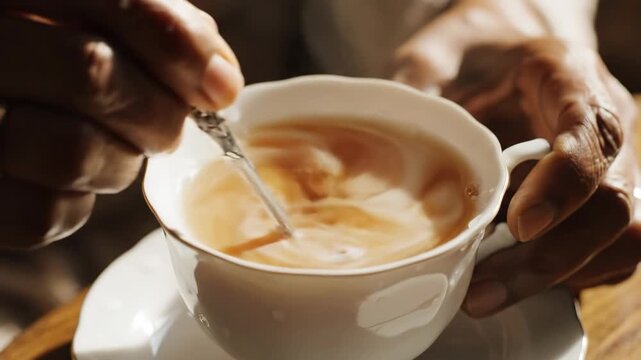 Coffee cup and spoon in hand, latte foam in cafe close up quiet luxury daily routine beverage with warm light and creamy milk swirling