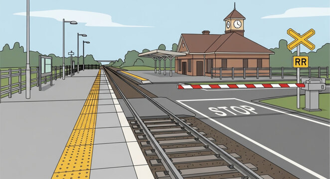 Vintage Train Station with Railway Tracks and Crossing.