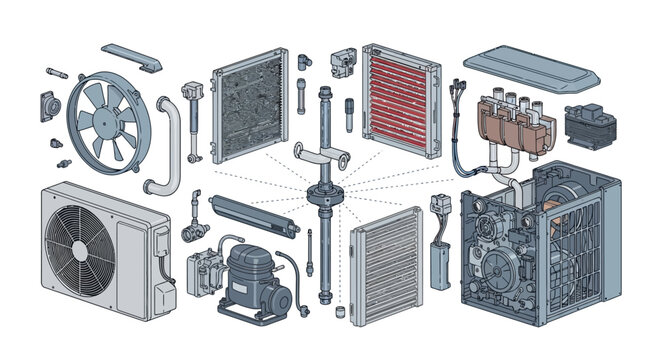 A detailed exploded diagram showcases air conditioning system components, displayed against a white backdrop with a technical illustration style and neutral tones, presenting the inner
