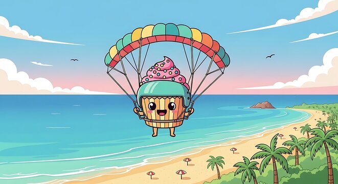 A cartoon cupcake with a smiling face skydives over a tropical beach. It wears a helmet and holds a parachute, with the ocean and palm trees visible