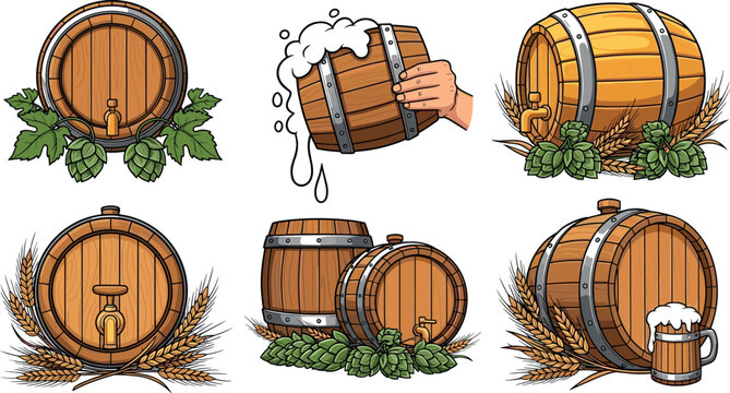 Beer barrels with taps foam and hops set, wooden brewery casks with wheat elements, craft beer vector illustration collection