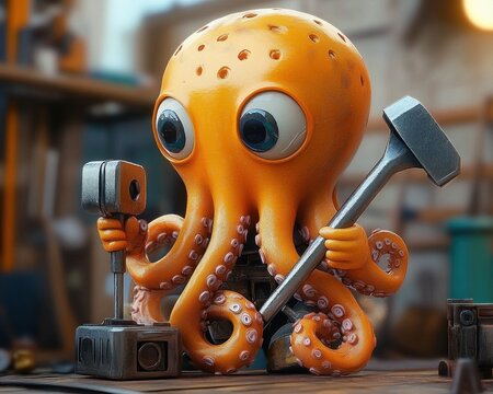 adorable orange octopus figurine with big expressive eyes holding a hammer and wrench on a cluttered workbench, industrious and focused expression