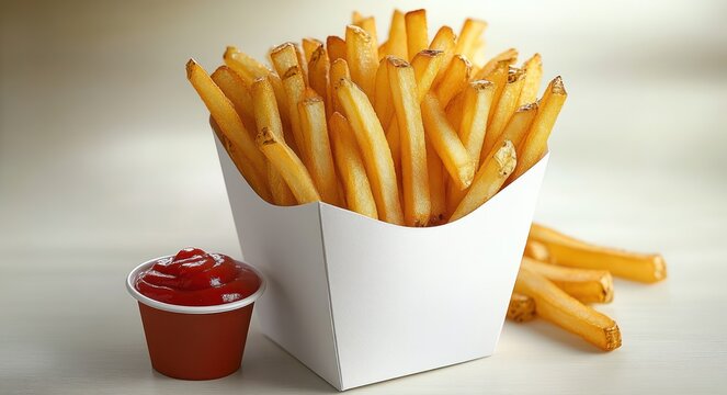 crispy golden french fries overflowing from a white takeout carton with a small cup of ketchup on a light tabletop, appetizing and inviting snack