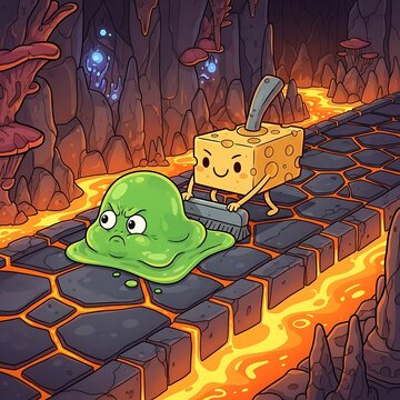 A cartoon cheese character cleans a path of lava while facing a grumpy blob