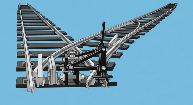 Railway switch track junction with lever mechanism.