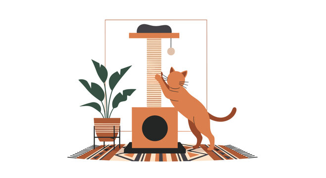 Playful orange tabby cat stretching its body to use a tall vertical scratching post located in a stylish room with a vibrant potted green plant on a rug.