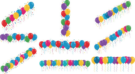 Colorful balloon garlands with confetti and ribbons set, festive decoration elements for party and celebration, vector illustration collection © EdGe Creative