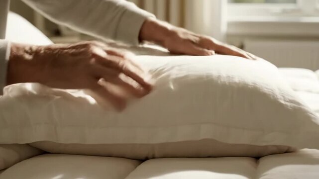 Quiet luxury daily routine hands smooth pillow and soft bedding in bedroom morning comfort, calming hotel style scene creating quiet luxury