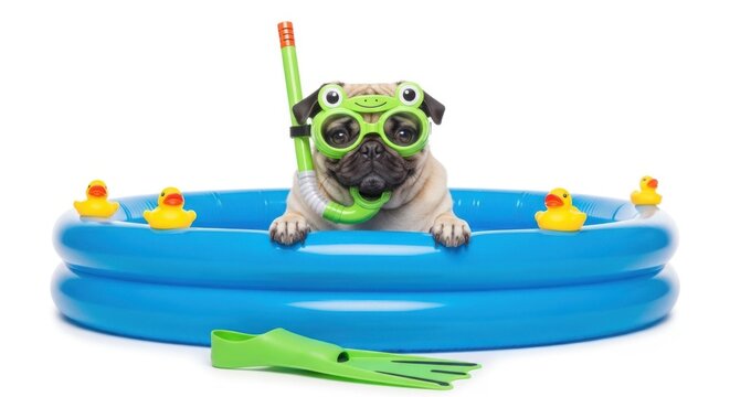 A cute pug dog wearing frogshaped swimming goggles and a snorkel, sitting in a blue inflatable pool with rubber ducks and a flipper, isolated on white background