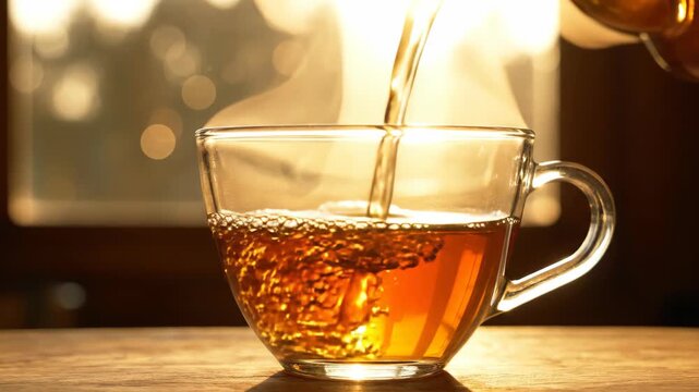 Tea glass cup hot drink pouring golden light morning routine brewed tea poured into clear glass teacup warm sunlight in quiet luxury kitchen