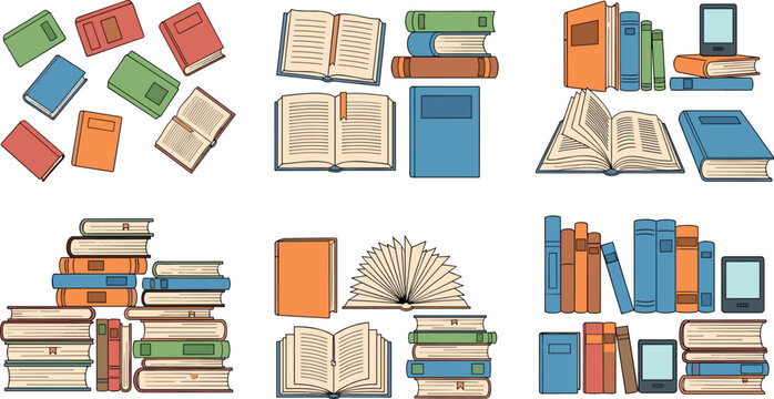 Books collection with stacks and open pages, library and education concept set, textbooks and reading materials vector illustration
