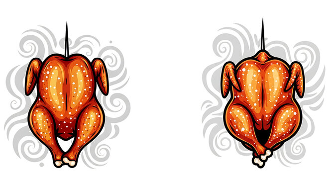 Whole roasted chickens on a spit in cartoon style. The chickens have golden, shiny skin, suggesting they are ready to eat. White background.